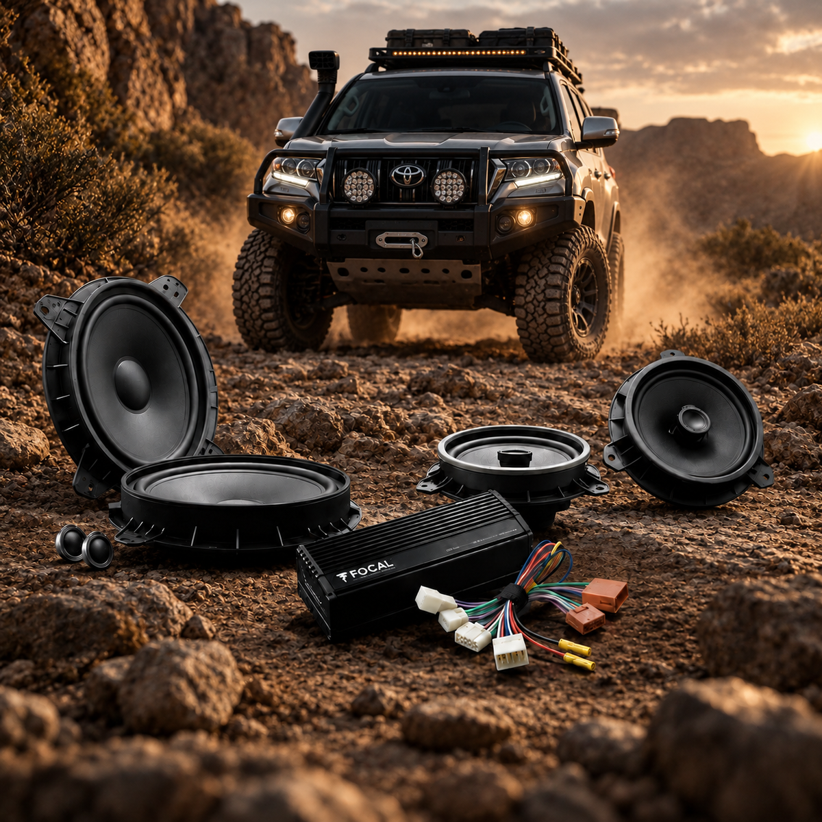 Toyota Prado 150 Focal Stage 1 audio upgrade kit in modified off-road setting