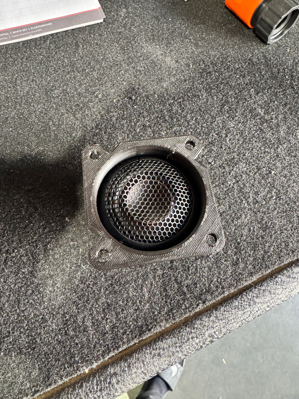 Focal K2 tweeter mounted in adapter — top-down view