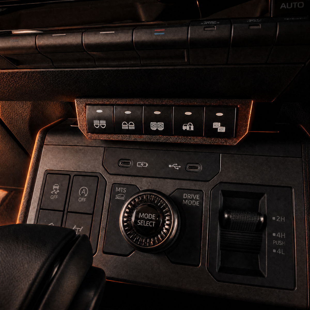 Hilux N90 centre five-switch panel installed with lights, compressor and battery switches