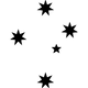 Five black six-pointed star shapes scattered on a plain white background.