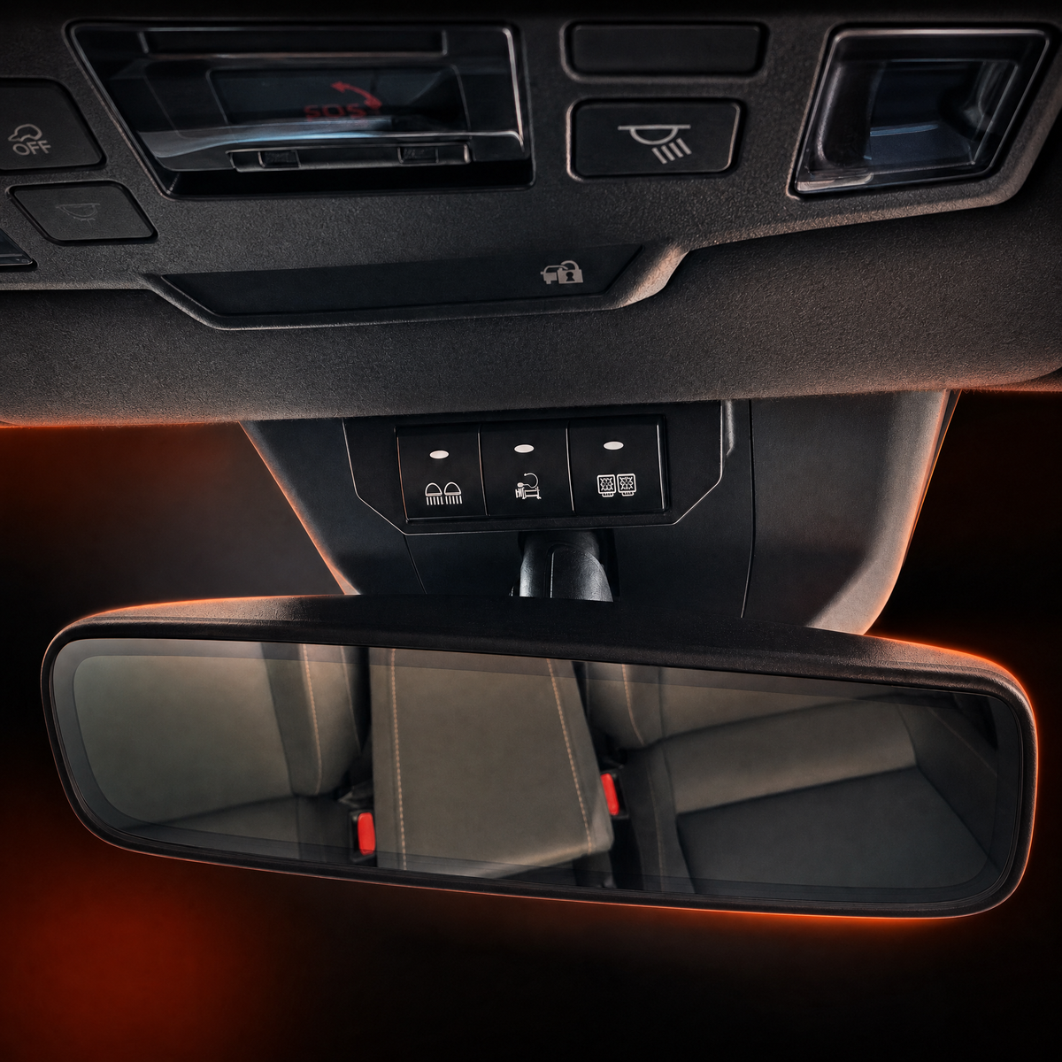 Hilux N90 overhead three-switch panel installed above the rear-view mirror with Oz Audio orange accent lighting