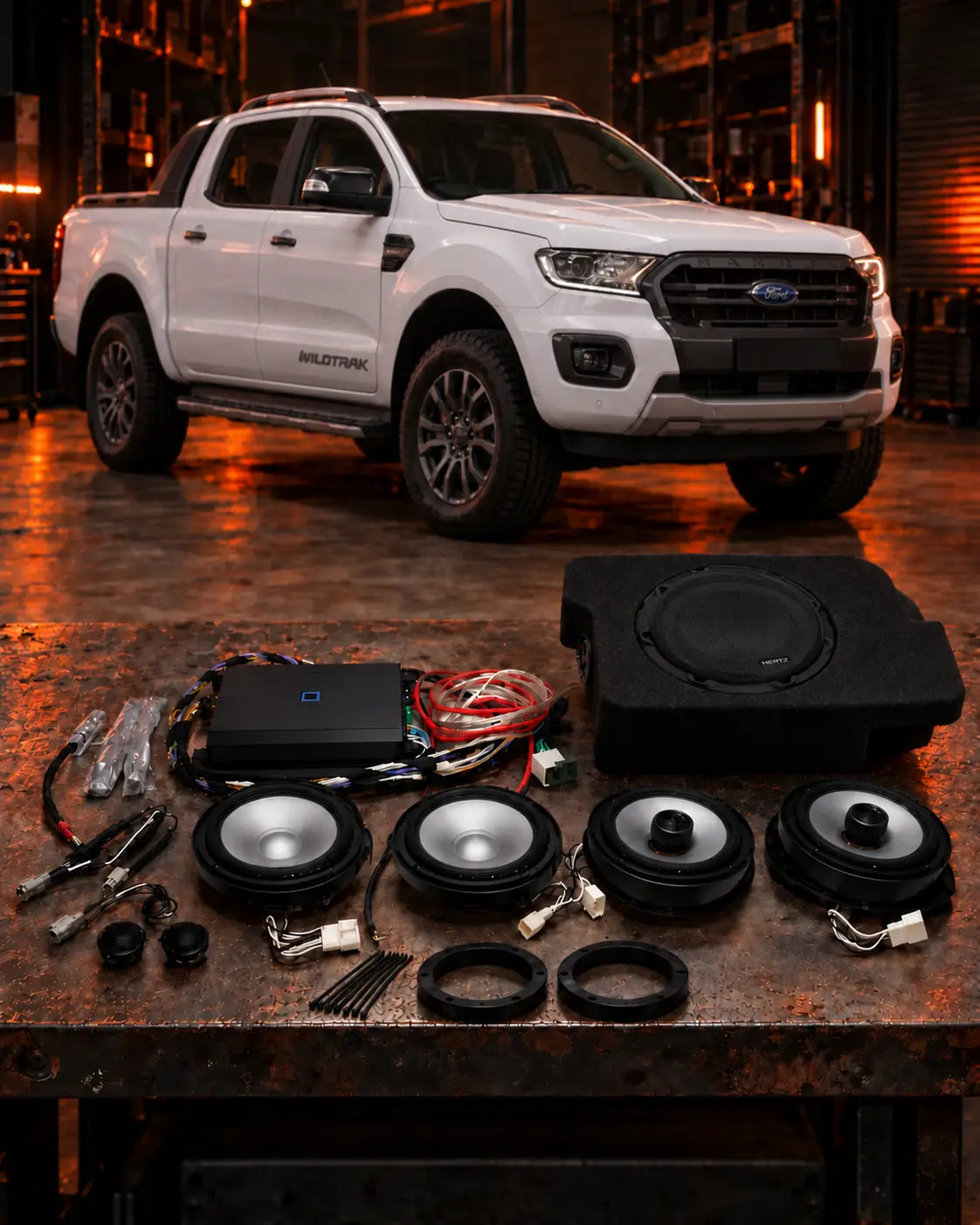 Ford Ranger PX Stage 2 Alpine audio upgrade with two front woofers and two rear coaxial speakers