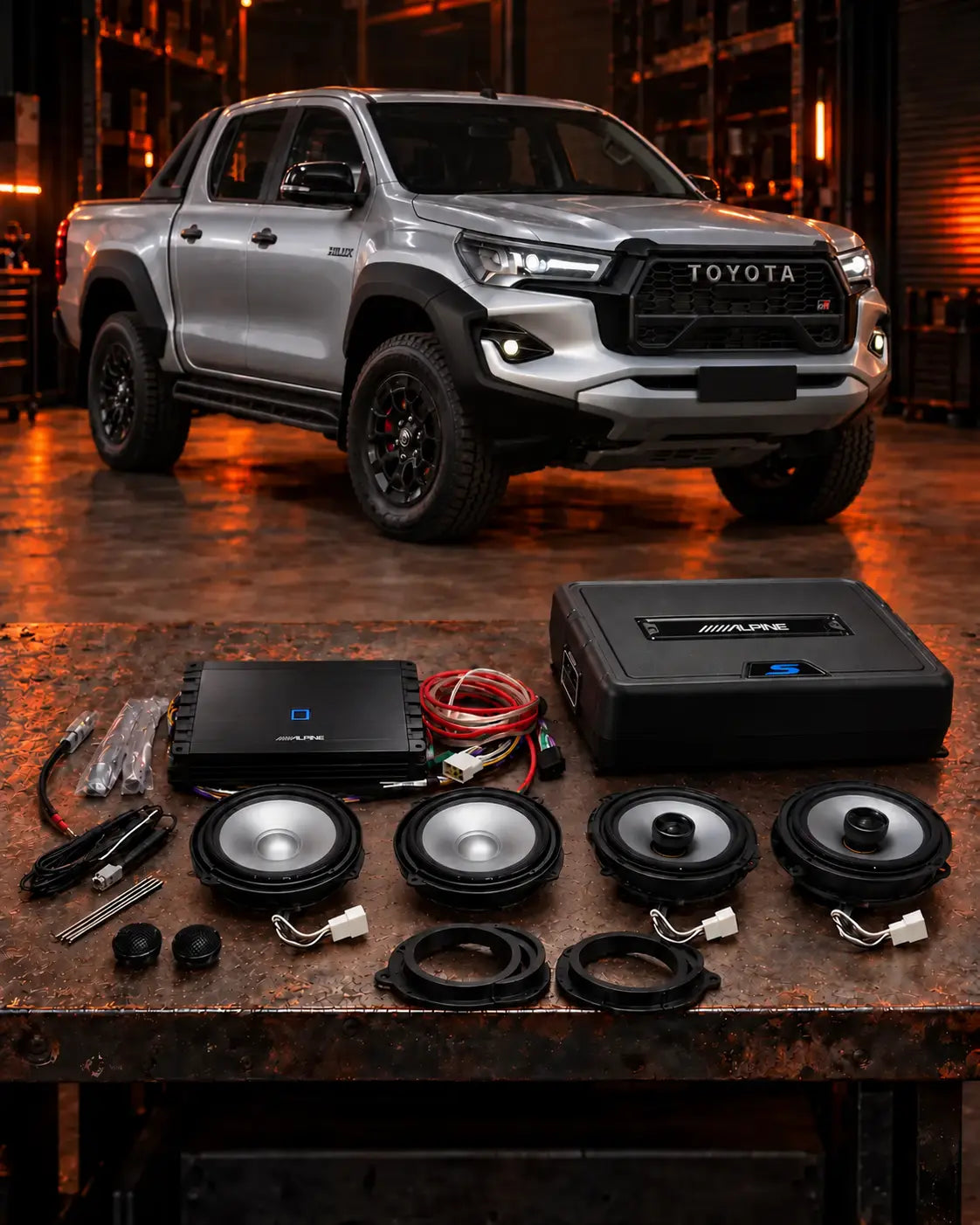 Toyota Hilux N80 GR Sport Stage 2 Alpine audio upgrade with two front woofers and two rear coaxial speakers