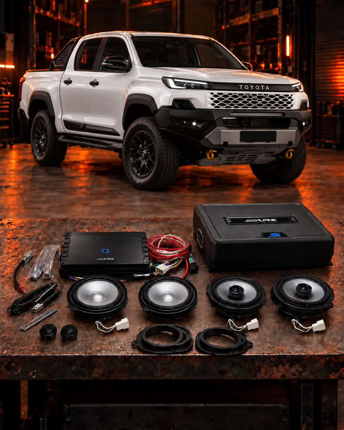 Toyota Hilux N90 Stage 2 Alpine audio upgrade with two front woofers and two rear coaxial speakers