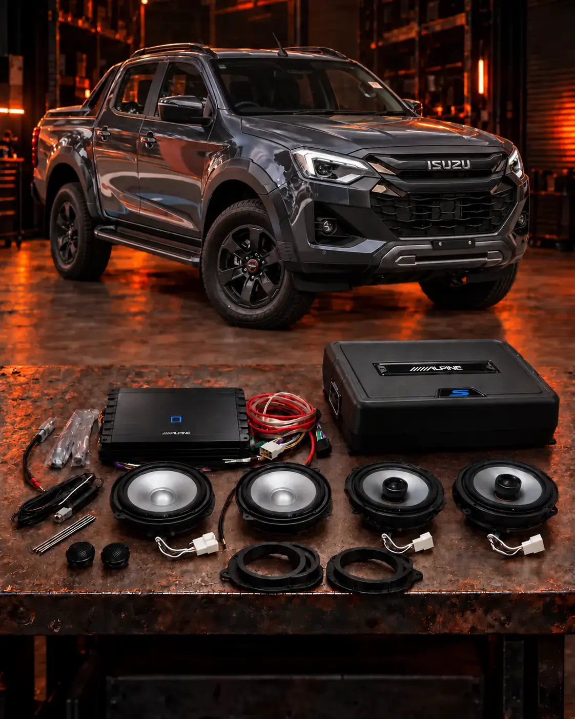 2026 Isuzu D-MAX X-Terrain Stage 2 Alpine audio upgrade with two front woofers and two rear coaxial speakers