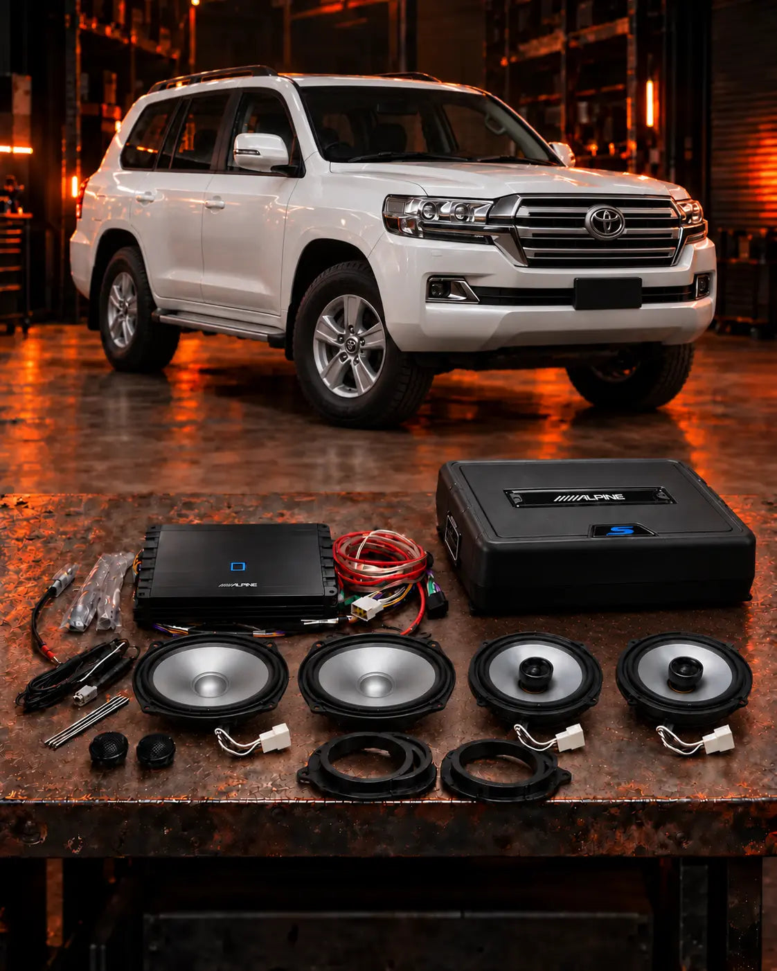 Toyota LandCruiser 200 and Prado 150 Stage 2 Alpine audio upgrade with two front 6 by 9 woofers and two rear coaxial speakers