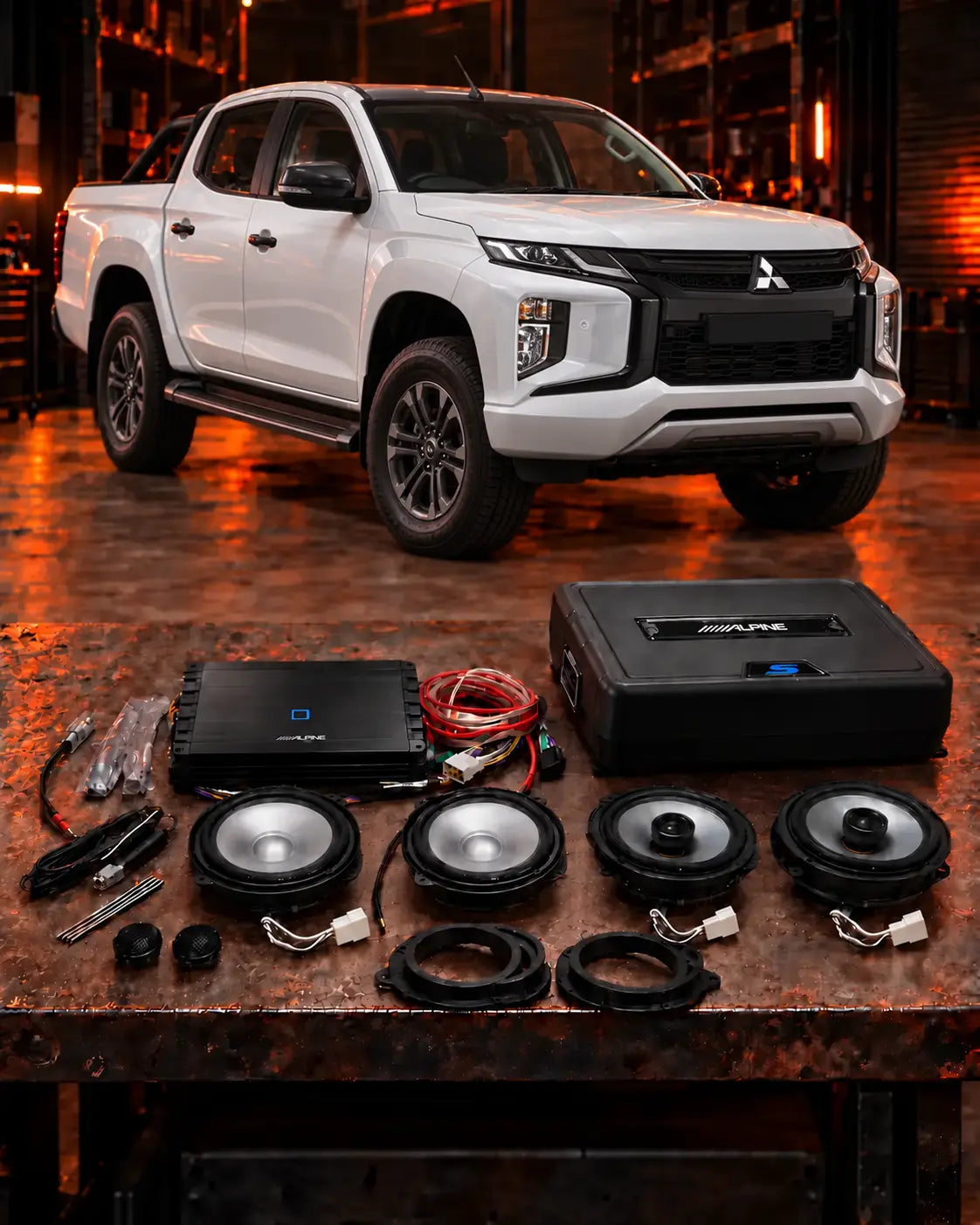 Mitsubishi Triton MQ and MR Stage 2 Alpine audio upgrade with two front woofers and two rear coaxial speakers