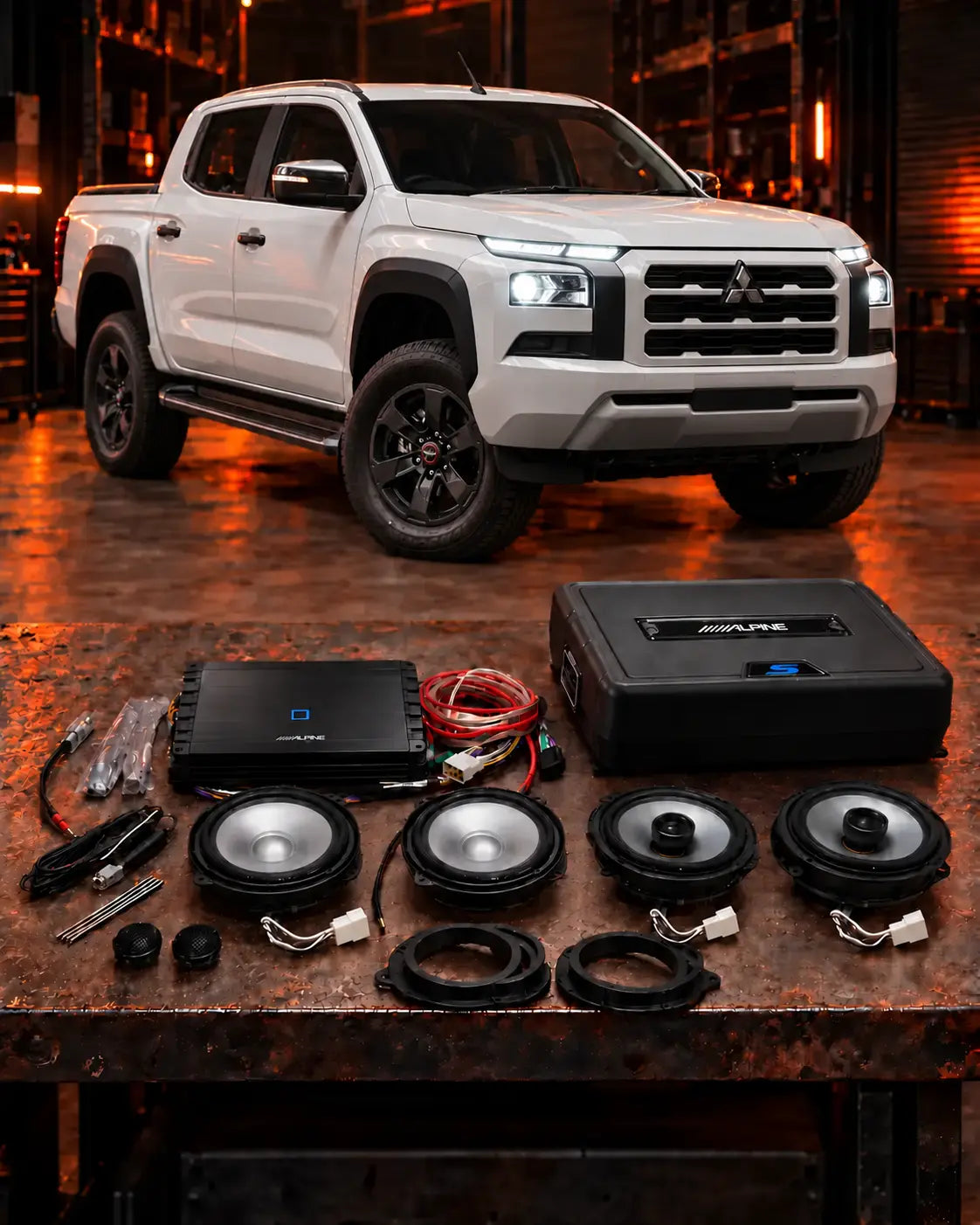 Mitsubishi MV Triton Stage 2 Alpine audio upgrade with two front woofers and two rear coaxial speakers