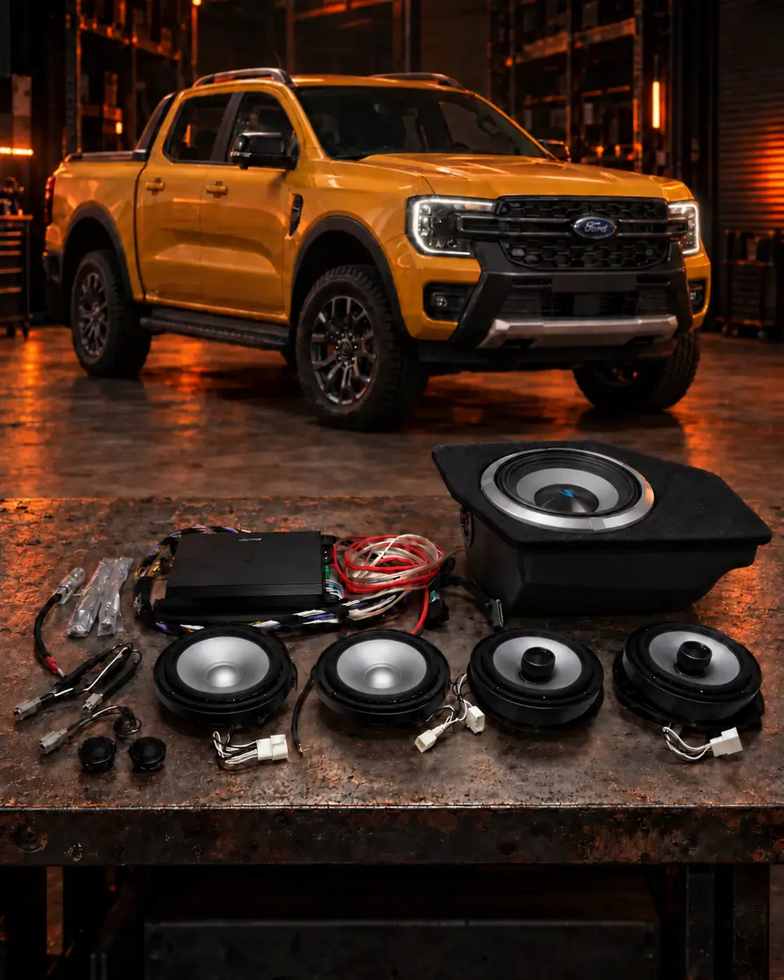 Next Gen Ford Ranger Stage 2 Alpine audio upgrade with two front woofers, two rear coaxial speakers and under-seat subwoofer