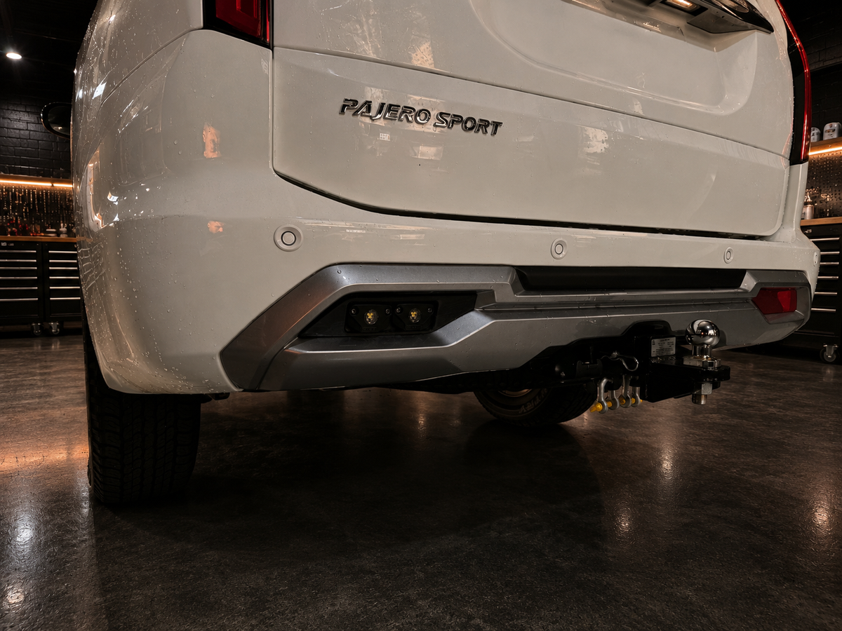 Pajero Sport rear work light brackets installed - rear view
